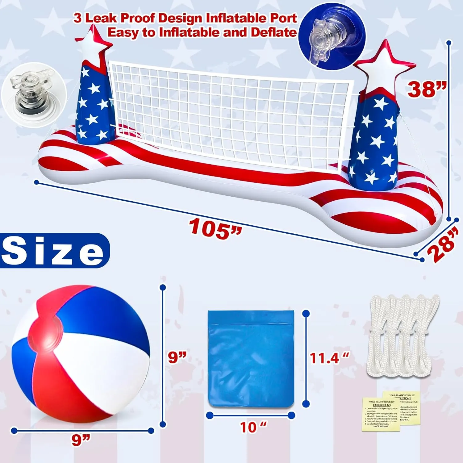 American Flag Inflatable top log causal pierce Pool Games Large Volleyball Net Pool Float Set with 9" Beach Ball, 2 Weight Bags ?C Floating Swimming Game Toy for Adults & Kids, Perfect for 4th of July Party Summer TURNMEON 