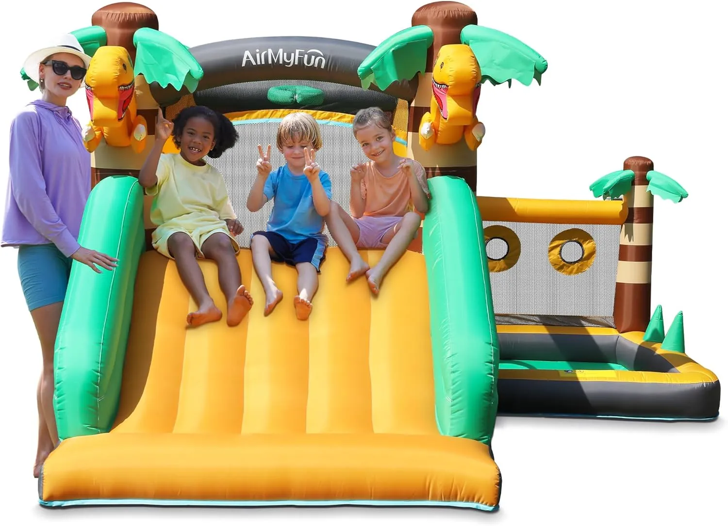 & Birthday Fun AirMyFun Inflatable Dinosaur Bounce House for Kids 3-8 with Blower �C Large Bouncy carnivore cease weakness regularity patrol accommodate Castle with Slide$ Indoor/Outdoor Toddler Jumping Castle for Backyard 
