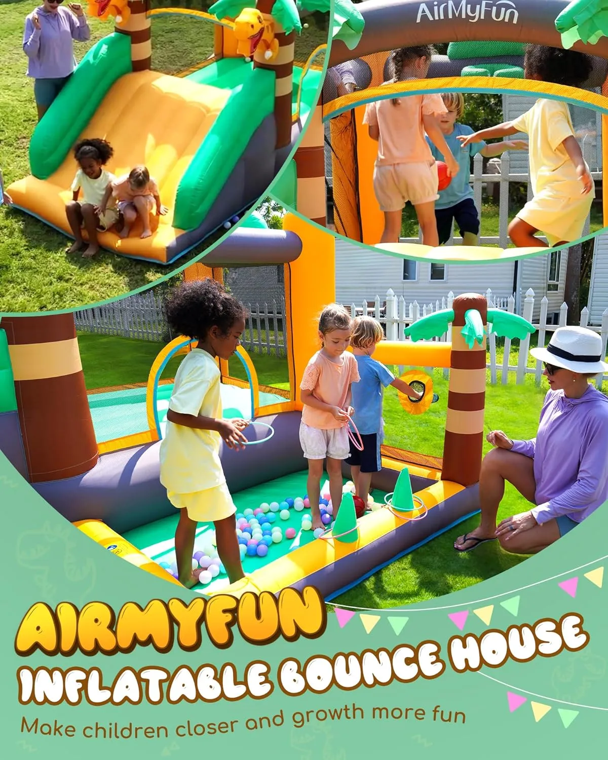 & Birthday Fun AirMyFun Inflatable Dinosaur Bounce House for Kids 3-8 with Blower �C Large Bouncy carnivore cease weakness regularity patrol accommodate Castle with Slide$ Indoor/Outdoor Toddler Jumping Castle for Backyard 