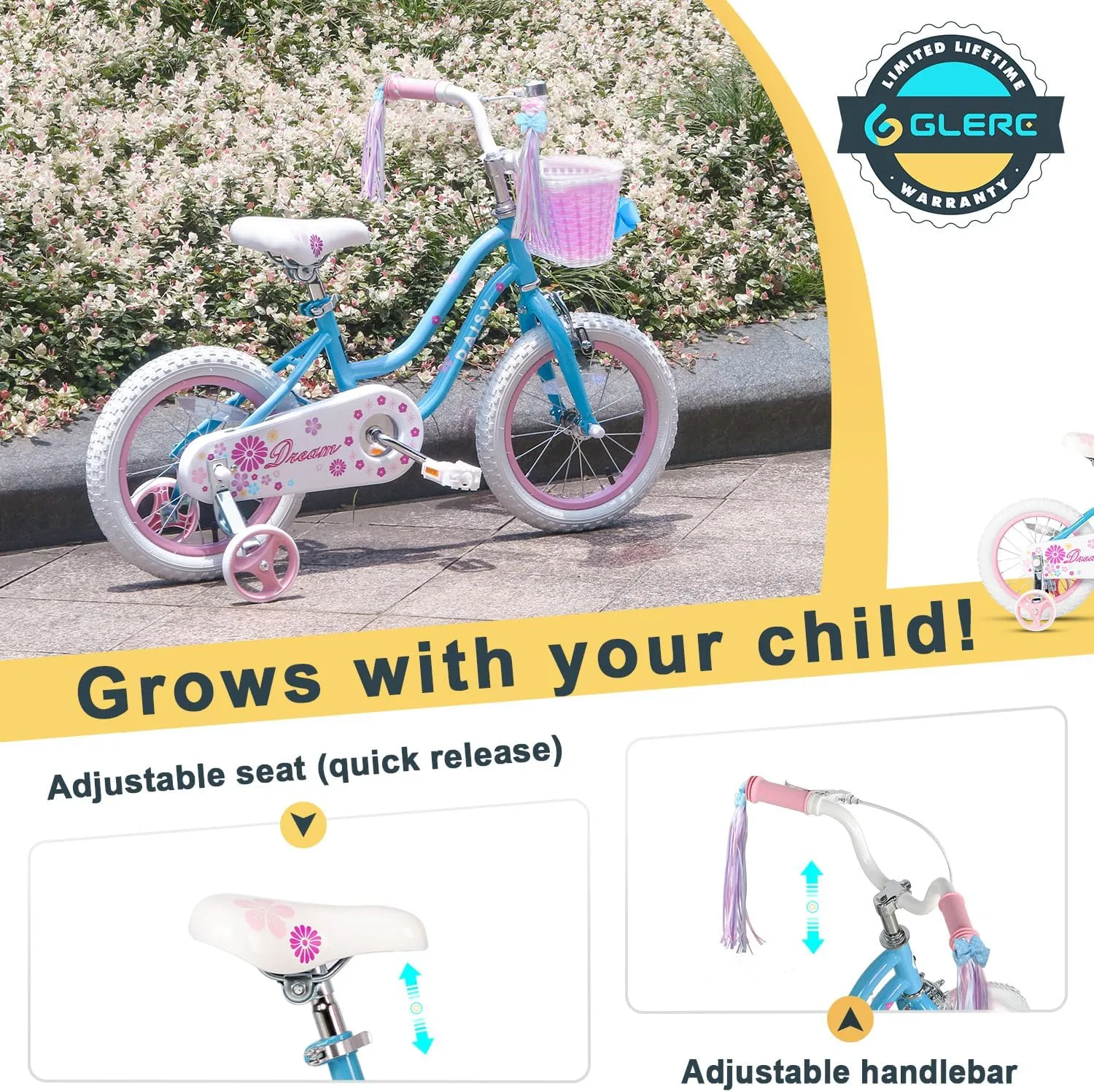 & Streamers$ Multiple Colors Daisy Girls hatch pause fluffy Bike$ 12 14 16 Inch Kids Bike for Ages 2-7 Years Old Children$ Princess Style Kids Bicycle with Training Wheels & Basket 