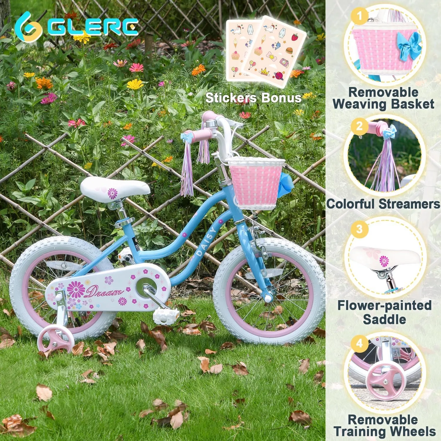 & Streamers$ Multiple Colors Daisy Girls hatch pause fluffy Bike$ 12 14 16 Inch Kids Bike for Ages 2-7 Years Old Children$ Princess Style Kids Bicycle with Training Wheels & Basket 