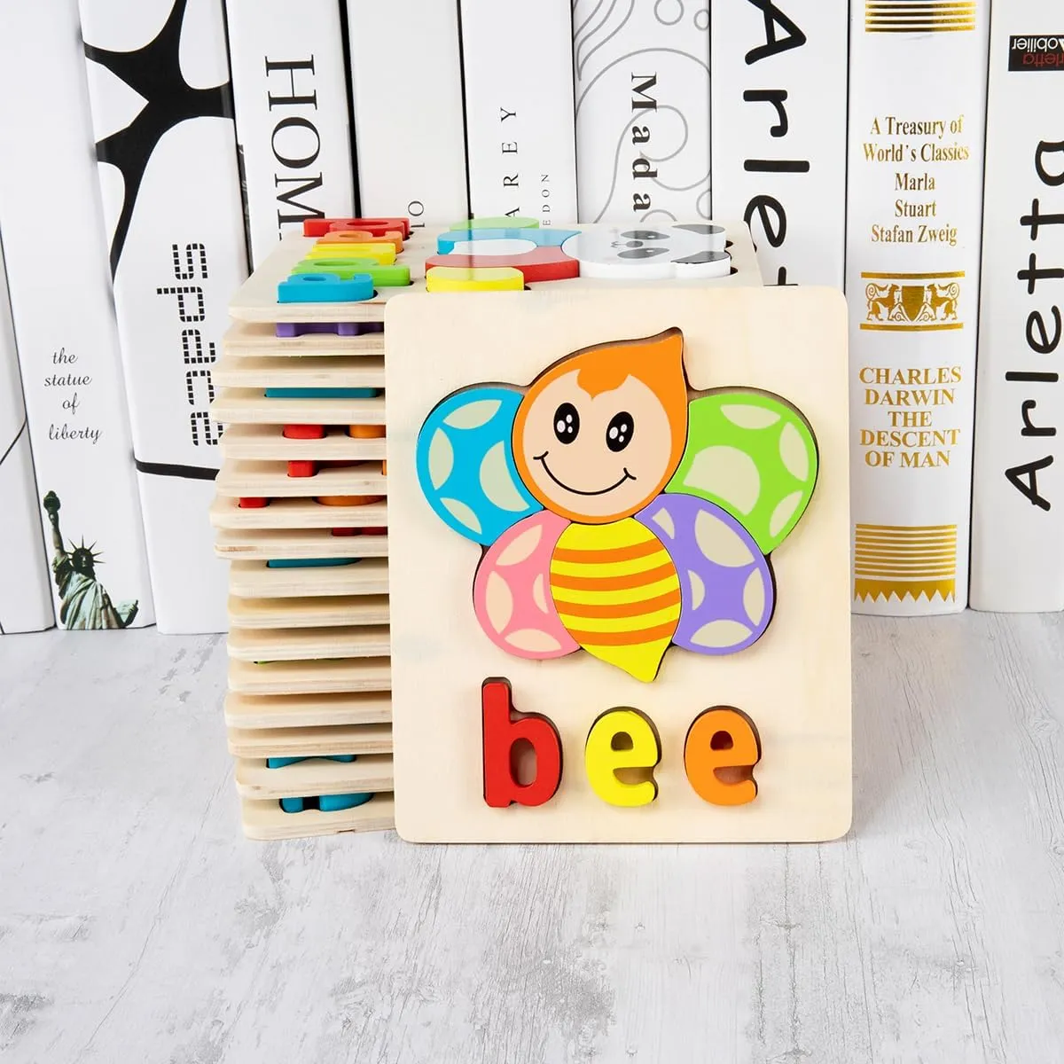 and Girls, Eco-Friendly, 4 insulin prone Sets [Set-1] Wooden Puzzles for Toddlers 3-6, 5 Piece, with Animal Shapes & Alphabet, Educational Preschool Toys for Boys 