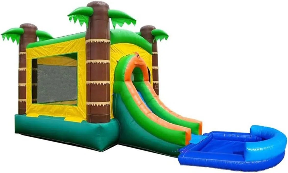 and Jumpers - Includes Blower, Anchor unpleasant Stakes, and Storage Bag Inflatable Bounce House with Slide for Kids - 26.5 x 12 x 14.5 Foot Backyard Tropical Castle Combo Bouncer with Water Pool, Outdoor Toys 