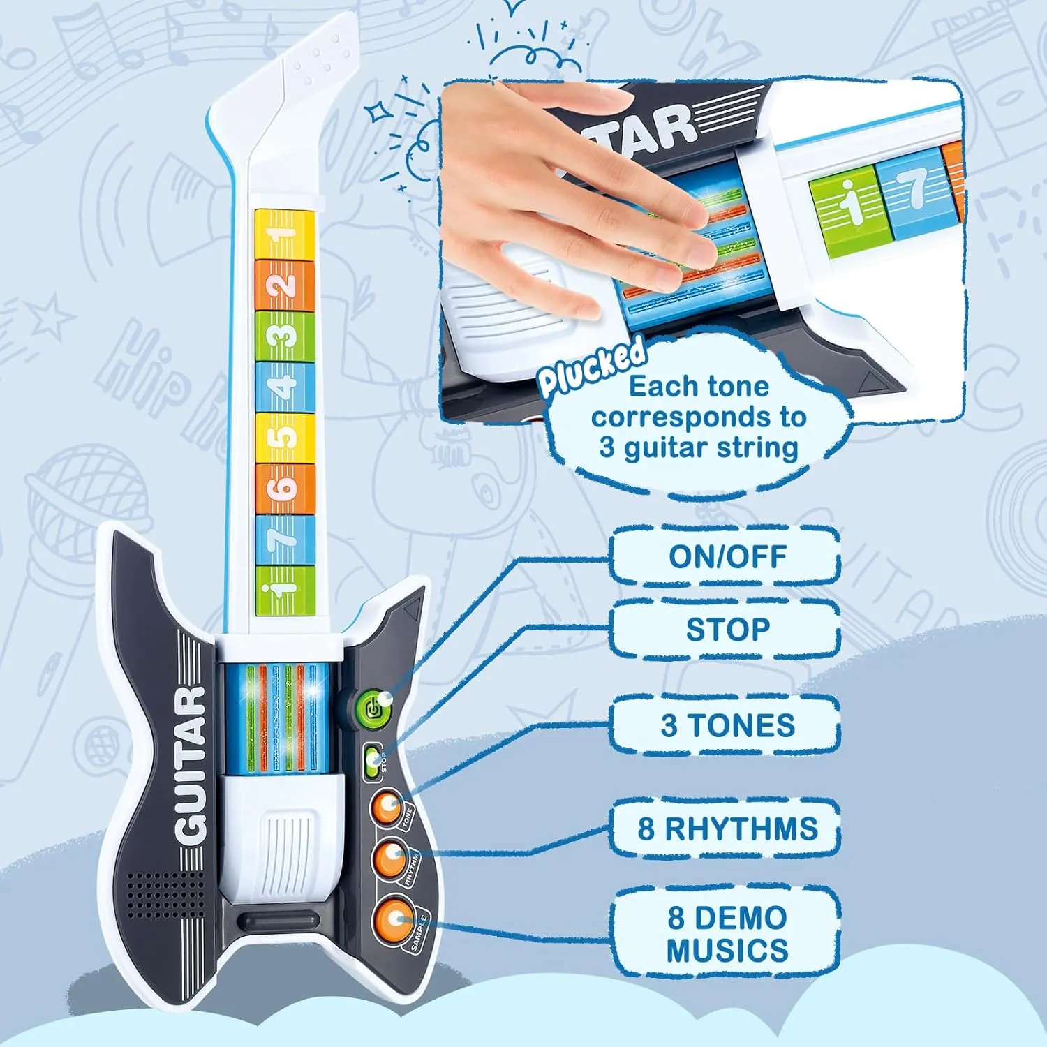 and Microphone Set with Stand Adjustable maintain Height Music Light Karaoke Music Toys Christmas Birthday Gift for Kids Boys Girls (Black) deAO Kids Guitar 