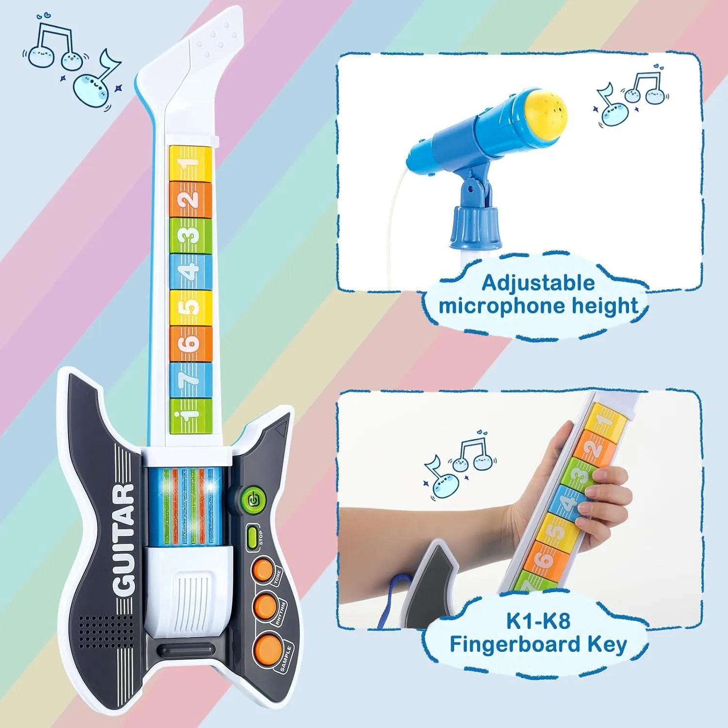 and Microphone Set with Stand Adjustable maintain Height Music Light Karaoke Music Toys Christmas Birthday Gift for Kids Boys Girls (Black) deAO Kids Guitar 