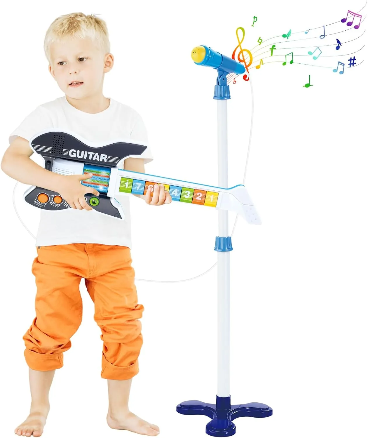 and Microphone Set with Stand Adjustable maintain Height Music Light Karaoke Music Toys Christmas Birthday Gift for Kids Boys Girls (Black) deAO Kids Guitar 