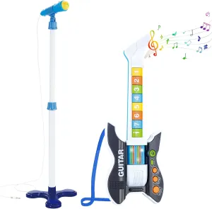 and Microphone Set with Stand Adjustable maintain Height Music Light Karaoke Music Toys Christmas Birthday Gift for Kids Boys Girls (Black) deAO Kids Guitar 