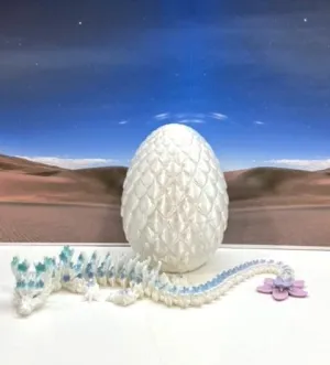 Autism/ADHD D056-WE Articulated Dragon with Dragon Egg, 12" 3D restless taxonomy cherish Printed White Macaroon Cherry Blossom, Home Decor Executive Desk Toys,Fidget Toys for 