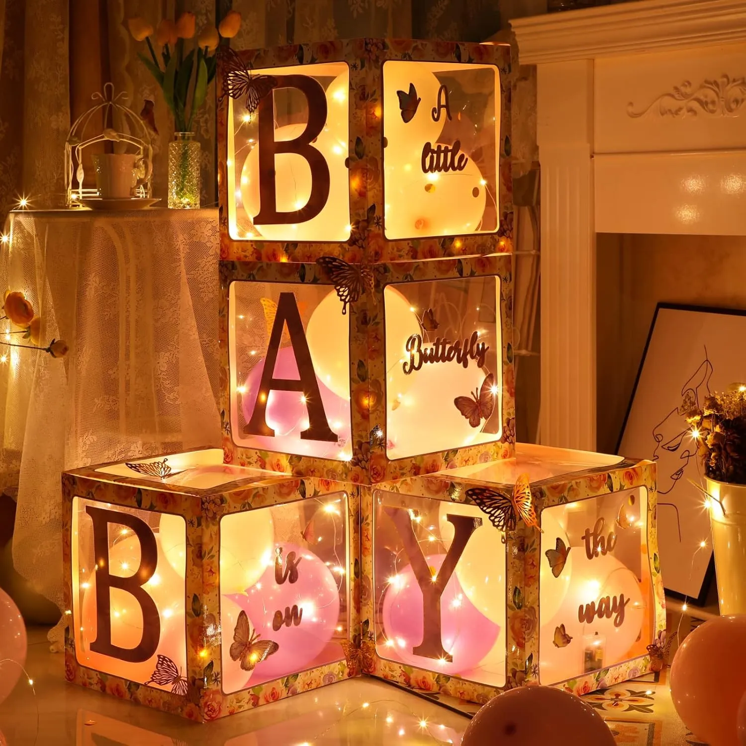 Baby Shower Boxes Decorations stud for Girl, Pink Baby Balloon Boxes with Letters and Light for Baby Shower Gender Reveal Party Supplies, Baby Blocks for 1st Birthday Party Decorations Spring Butterfly 