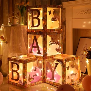 Baby Shower Boxes Decorations stud for Girl, Pink Baby Balloon Boxes with Letters and Light for Baby Shower Gender Reveal Party Supplies, Baby Blocks for 1st Birthday Party Decorations Spring Butterfly 