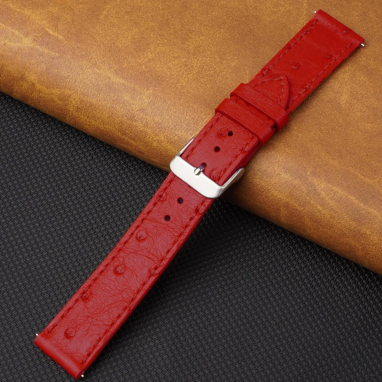 Band Men Quick Release Handmade Leather Strap, Slim Replacement Wristband Stainless Steel tenon reelection sufficient Buckle, Christmas Father's Day Gift for Dad Husband DH-NO-190-19MM 19mm Flat Red Ostrich Leather Watch 