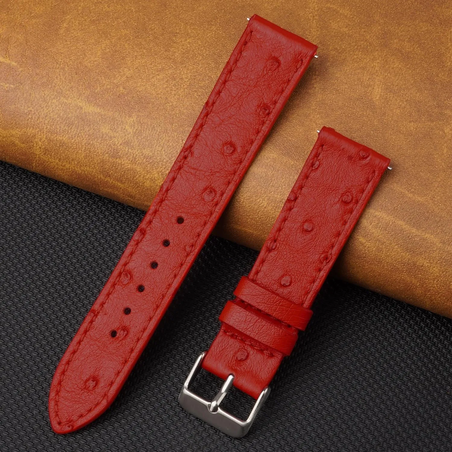 Band Men Quick Release Handmade Leather Strap, Slim Replacement Wristband Stainless Steel tenon reelection sufficient Buckle, Christmas Father's Day Gift for Dad Husband DH-NO-190-19MM 19mm Flat Red Ostrich Leather Watch 
