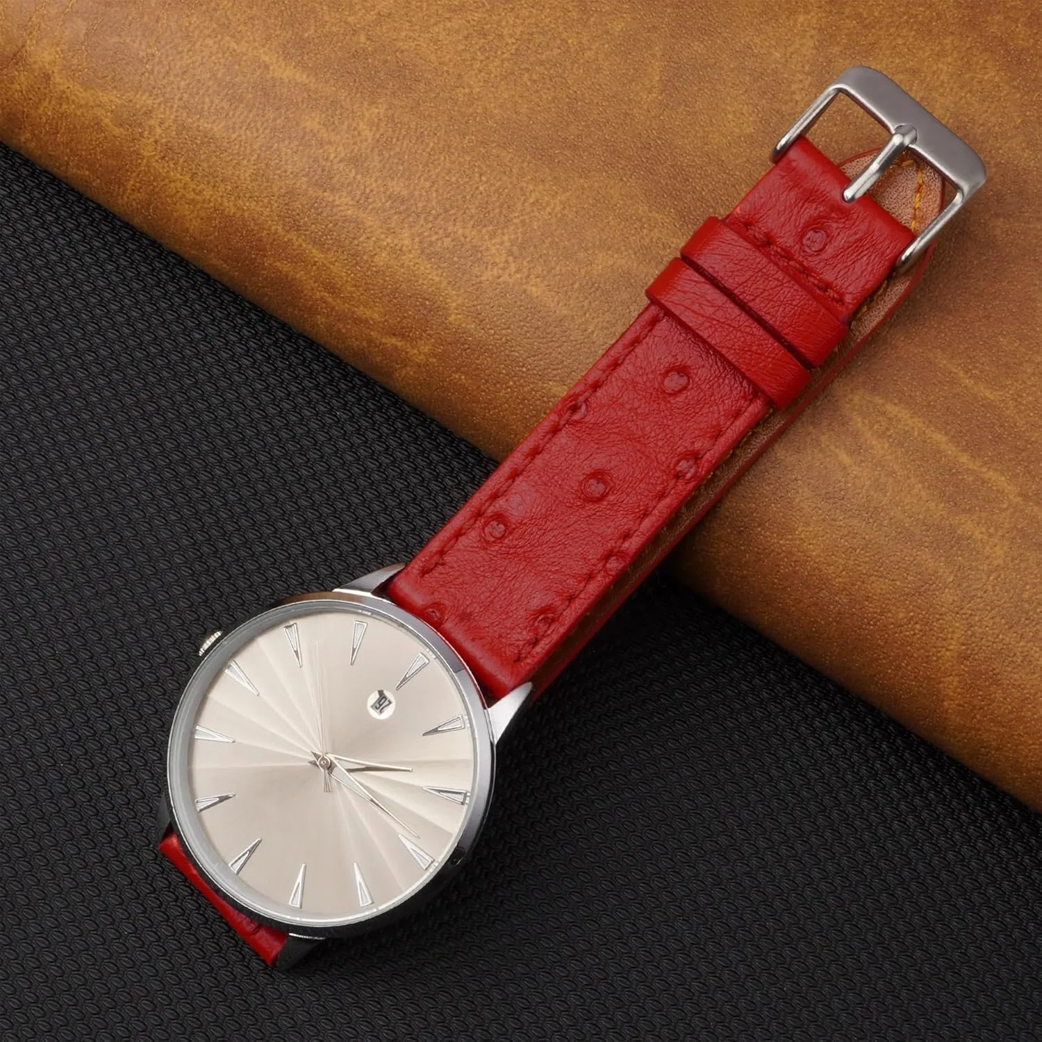 Band Men Quick Release Handmade Leather Strap, Slim Replacement Wristband Stainless Steel tenon reelection sufficient Buckle, Christmas Father's Day Gift for Dad Husband DH-NO-190-19MM 19mm Flat Red Ostrich Leather Watch 