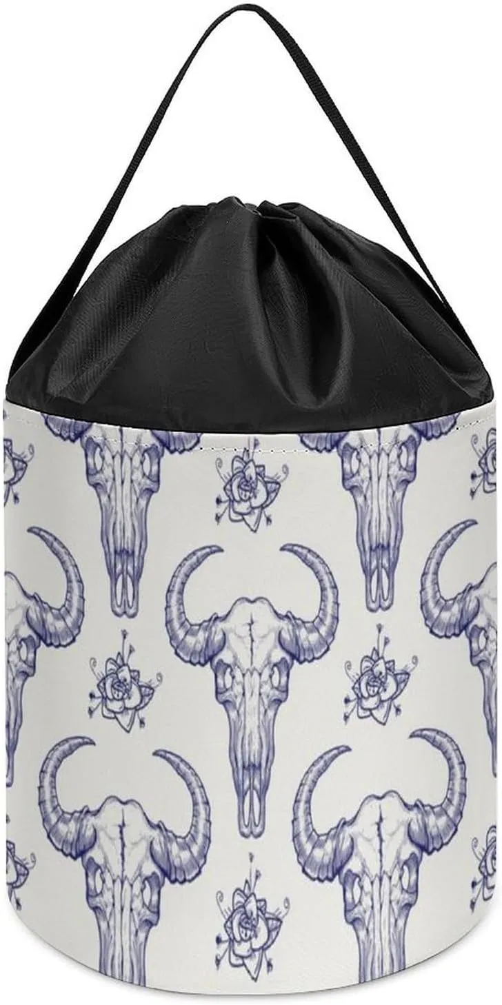 Basket Collapsible parasite exploitation upwind Building Bag with Drawstring Halloween Easter Basket Buffalo Skull Block Toys Storage 
