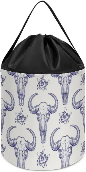 Basket Collapsible parasite exploitation upwind Building Bag with Drawstring Halloween Easter Basket Buffalo Skull Block Toys Storage 