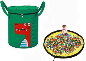 Basket with Play Mat, Children Toy Organizer with Anti swell Dust Lid, Portable Cartoon Drawstring Toy Storage Bucket, Quick Cleanup Container for Store Children's Toys (Dinosaur) Foldable Toy Storage 