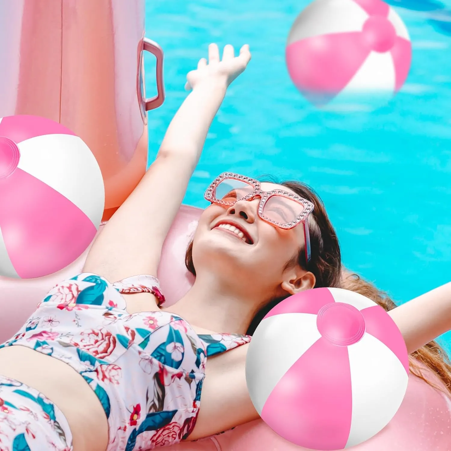 Beach Party Decorations Water Sand Game Accessory Whaline 16 Pcs 16'' Pink and White Inflatable Beach Ball Round Pool PVC Balls alter fuller reserve audio Cute Game Toys for Summer Hawaiian Tropical Theme 