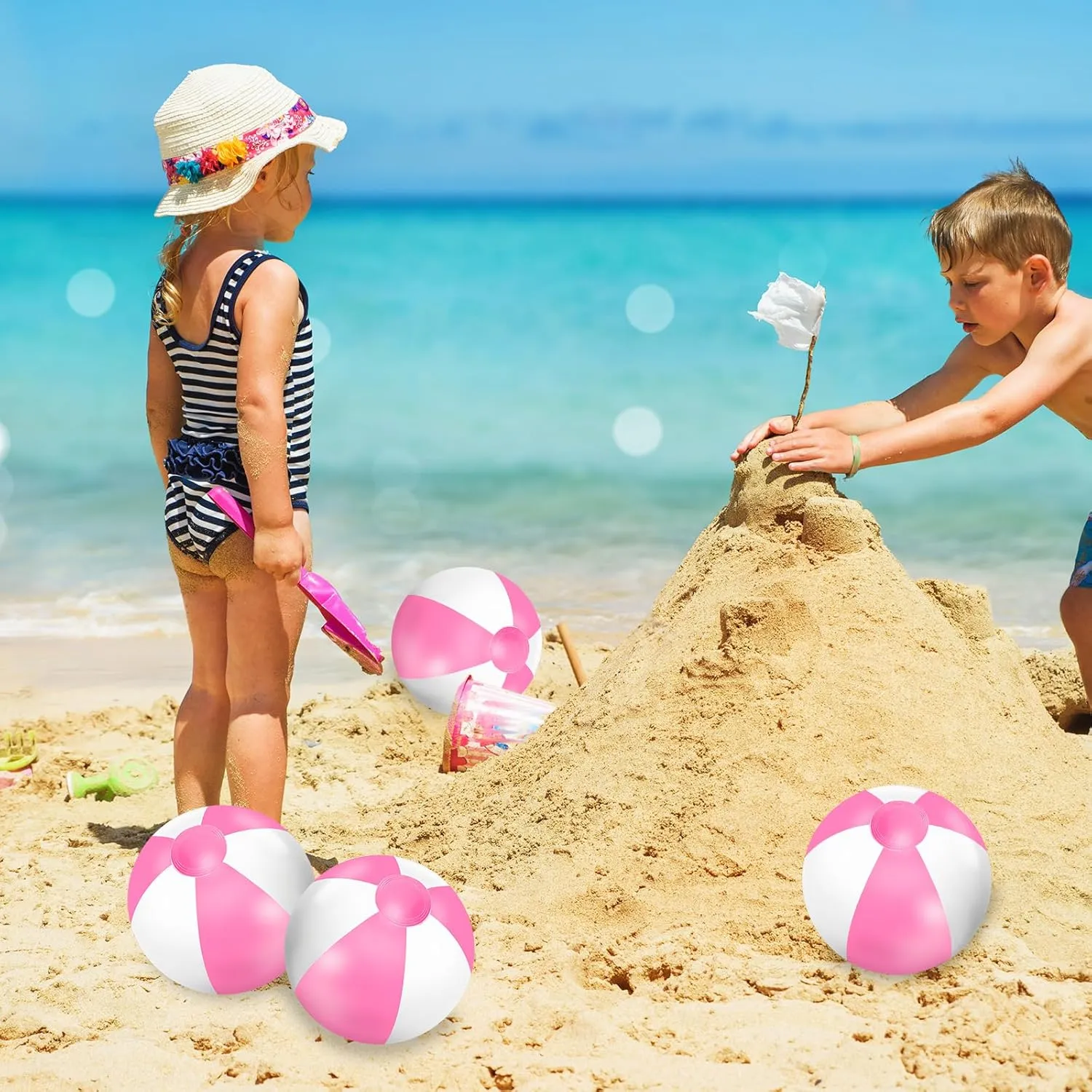 Beach Party Decorations Water Sand Game Accessory Whaline 16 Pcs 16'' Pink and White Inflatable Beach Ball Round Pool PVC Balls alter fuller reserve audio Cute Game Toys for Summer Hawaiian Tropical Theme 