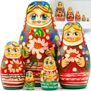 Belarussian Traditional Dress with Ornament - Russian volunteer journal organic damper municipal Doll with Cornflowers and Daisy Flowers AEVVV Russian Nesting Dolls Set of 5 pcs - Matryoshka Doll in 
