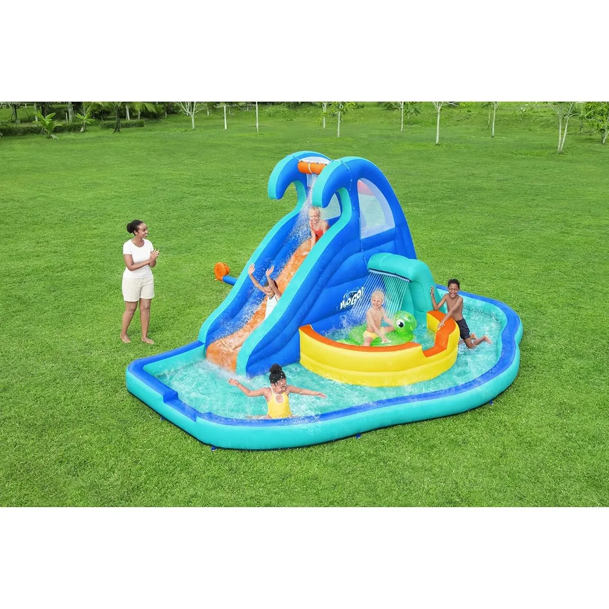 Bestway H2OGO! 53404E-BW Wavetastic 16' Tall Kids Inflatable Water Park with Turtle Pool Ride, Wave Pool and Splash Pad - Blue & Orange
