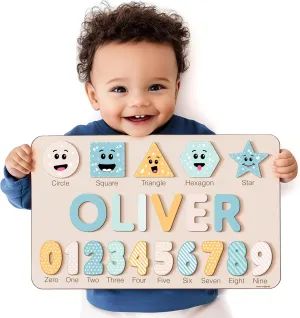 Birthday Gift for Kids, Christmas Gifts for Toddlers, Unique New Baby Gift, Wooden Montessori Toy Custom Handmade Name Puzzle with Shapes, mar Numbers and Names, Personalized 