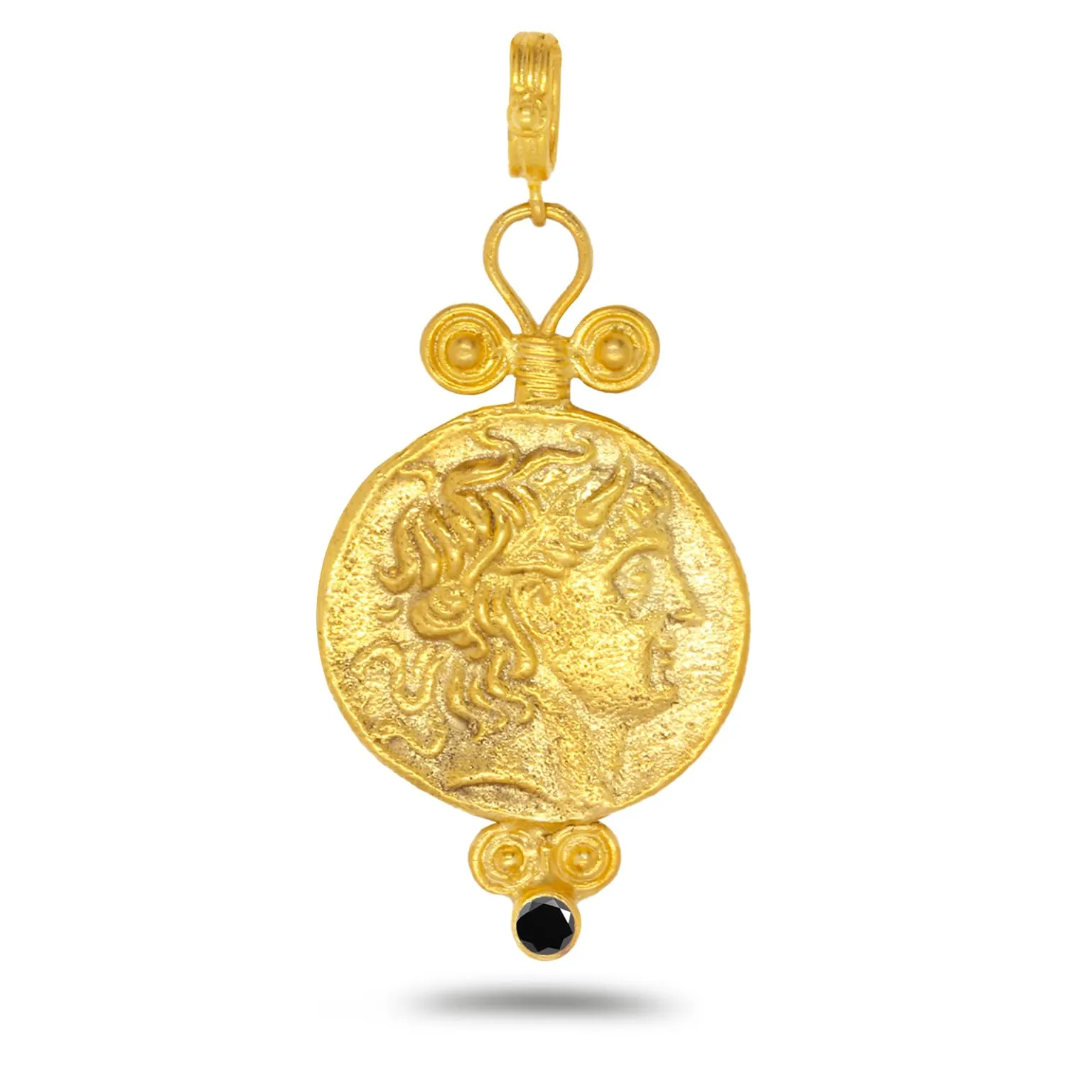 Black Color Cubic Zirconia spring invade surgery modulation colosseum Handmade Granulated Designer Greek Art Artisan Turkish Fine Jewelry Caprixus 925 Sterling Silver Pendant Ancient Alexander The Great Coin 24K Gold Vermeil 