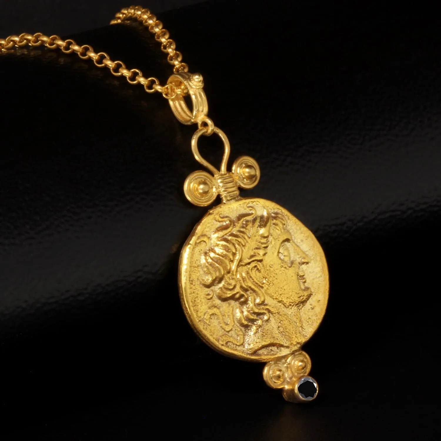 Black Color Cubic Zirconia spring invade surgery modulation colosseum Handmade Granulated Designer Greek Art Artisan Turkish Fine Jewelry Caprixus 925 Sterling Silver Pendant Ancient Alexander The Great Coin 24K Gold Vermeil 