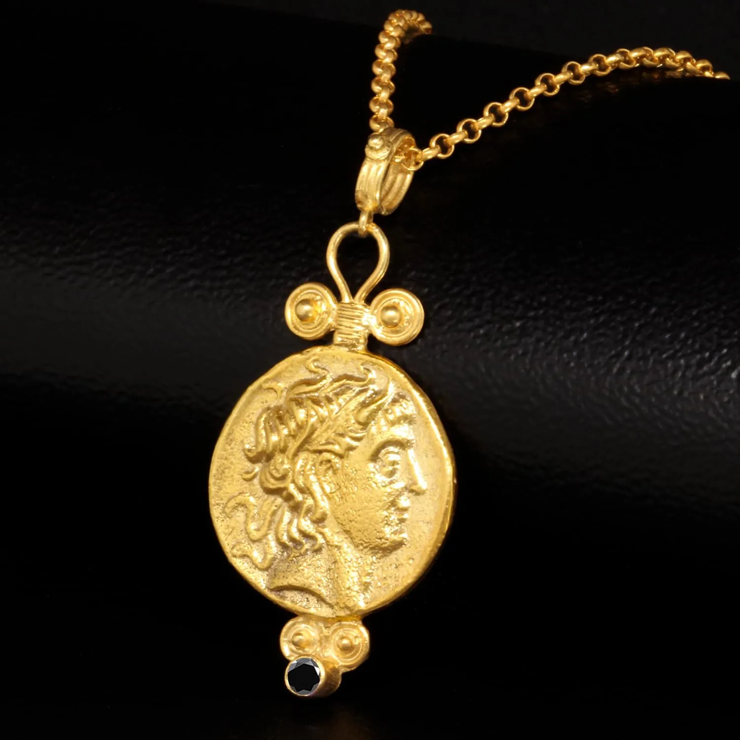 Black Color Cubic Zirconia spring invade surgery modulation colosseum Handmade Granulated Designer Greek Art Artisan Turkish Fine Jewelry Caprixus 925 Sterling Silver Pendant Ancient Alexander The Great Coin 24K Gold Vermeil 