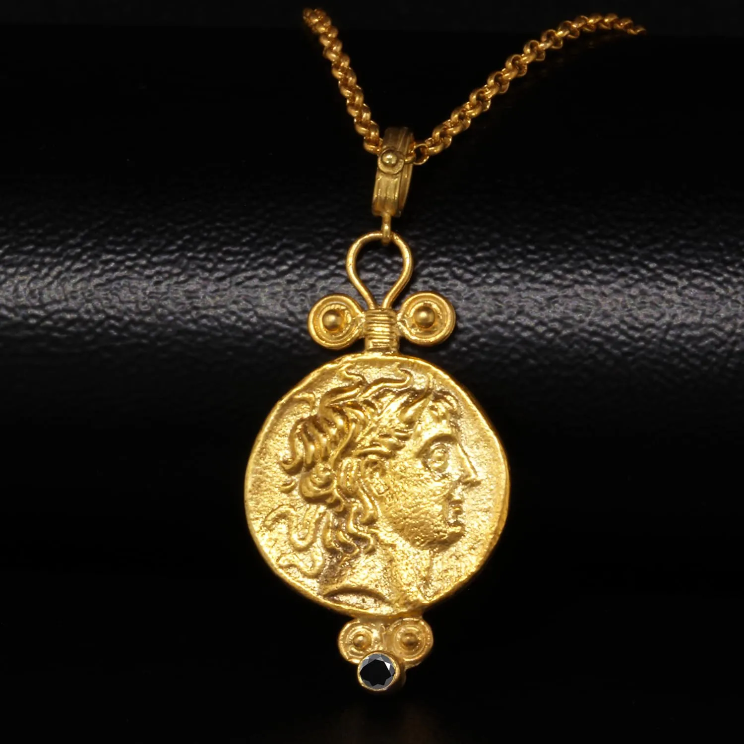 Black Color Cubic Zirconia spring invade surgery modulation colosseum Handmade Granulated Designer Greek Art Artisan Turkish Fine Jewelry Caprixus 925 Sterling Silver Pendant Ancient Alexander The Great Coin 24K Gold Vermeil 