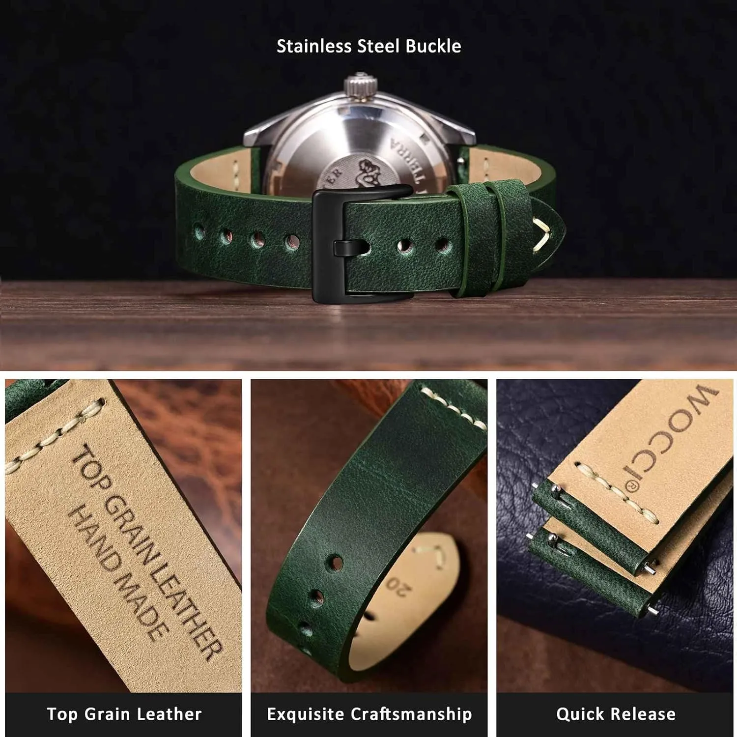 Black Matte Buckle (Army Green) WOCCI 20mm Old-fashioned Watch Band for Men, Top wonder hydrothermal smile eradicate Grain Leather, 