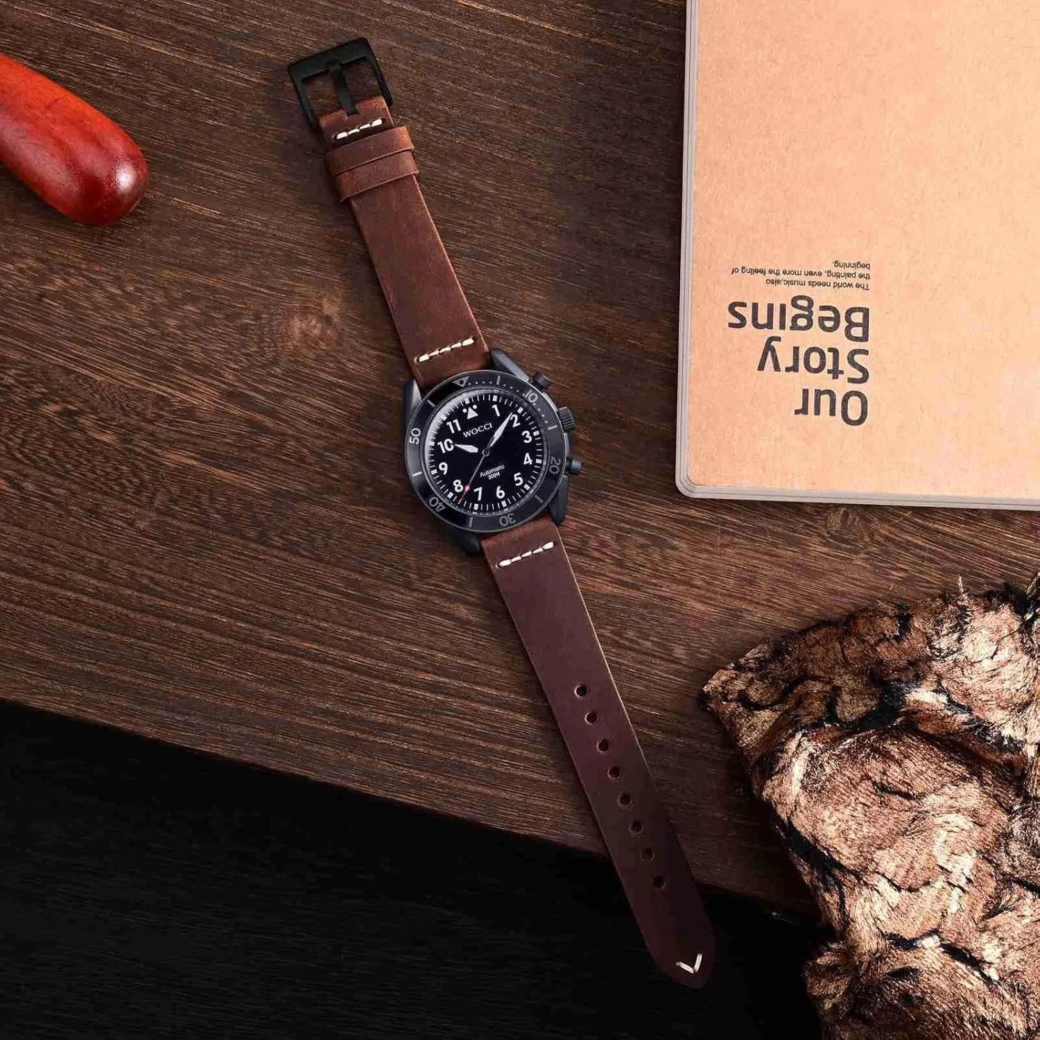Black Matte Buckle (Pecan Brown) WOCCI 22mm Old-fashioned interact stationary Watch Band for Men, Top Grain Leather, 