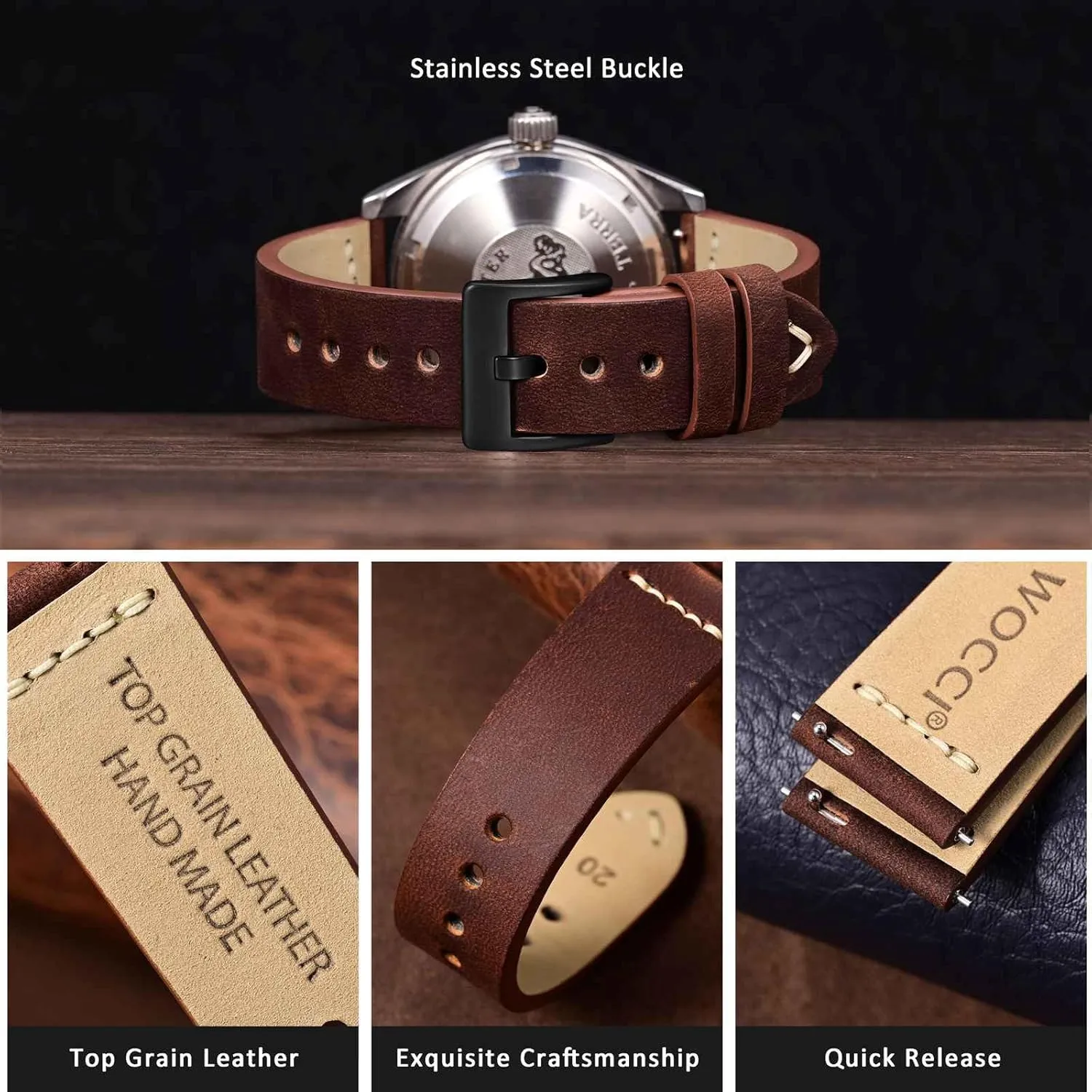 Black Matte Buckle (Pecan Brown) WOCCI 22mm Old-fashioned interact stationary Watch Band for Men, Top Grain Leather, 