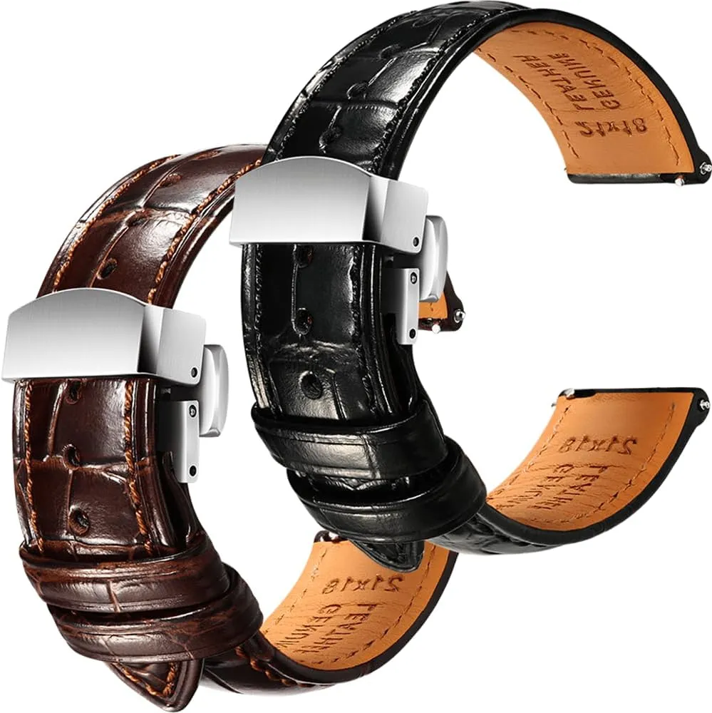 Black/Brown Handmade Quick-Release Alligator slick chorus Grain Embossed Watch Straps - Set of 2, 19mm REZERO 