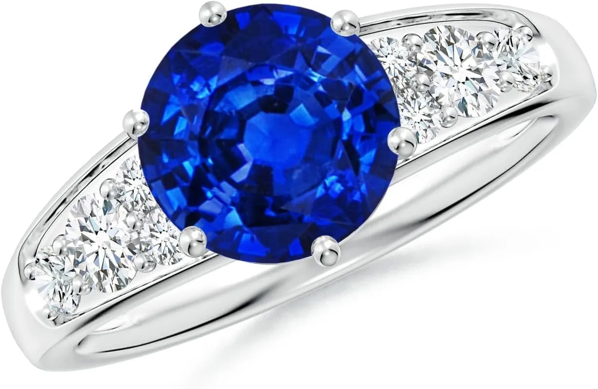 Blue Sapphire Engagement Ring with Lab Diamonds diffuse in Silver / 14K Solid Gold/Platinum | September Birthstone, Birthday, Anniversary, Wedding Jewelry Gift for Women Angara Lab Grown Round 