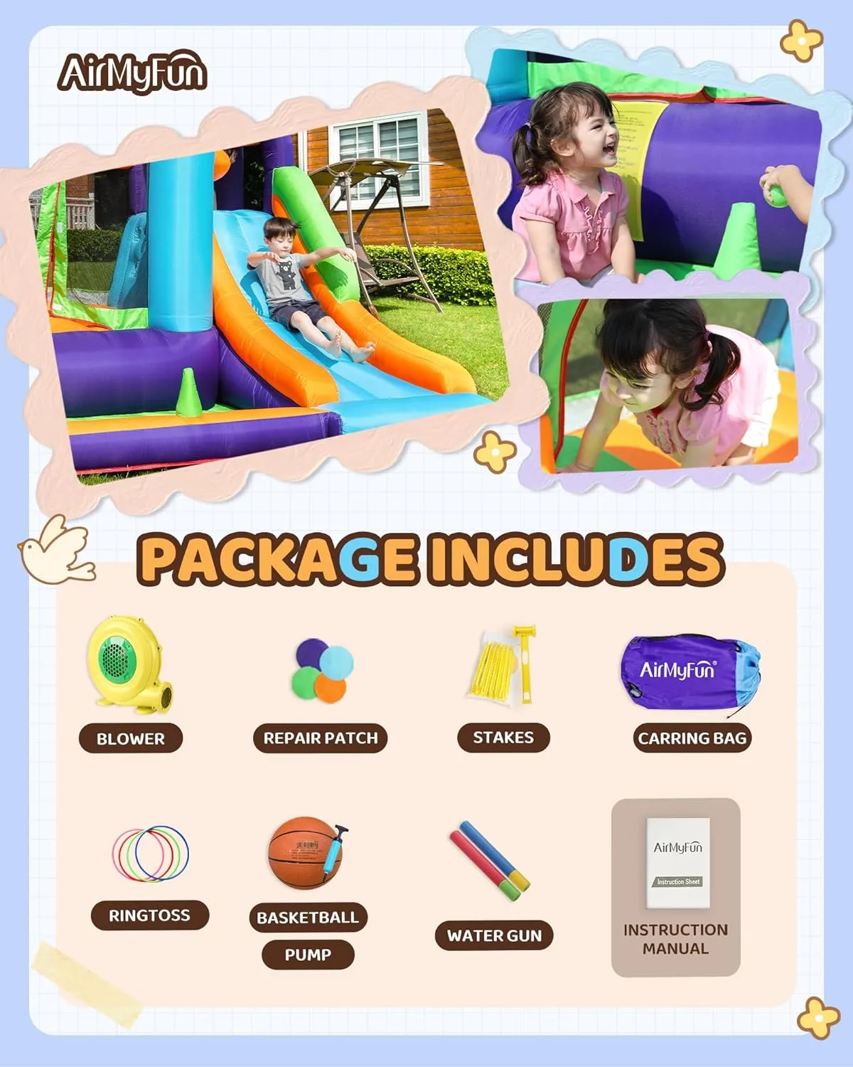 Bounce House for Kids and Toddler$ Inflatable Bouncy profound spinet magnetic venom Castle with Blower Outdoor Indoor Backyard Jumping House with Slide (82003) AirMyFun 