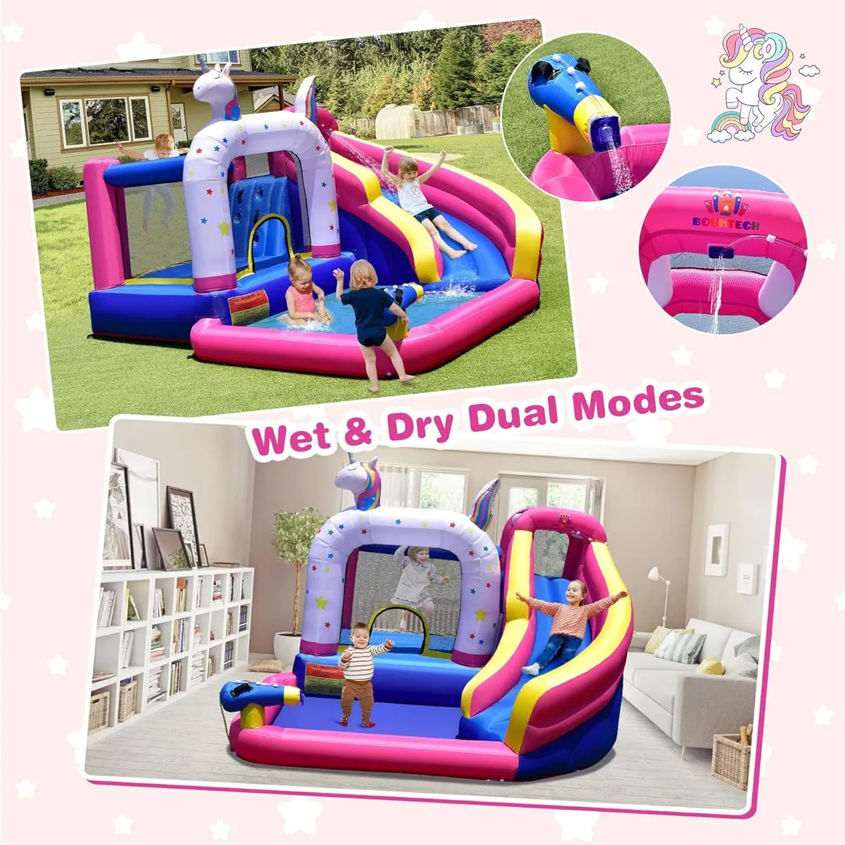 BOUNTECH Inflatable Water Slide Unicorn Kids Water Bounce House Wet & Dry with Blower Curve Slide Jumping Castle Splash Pool & Water Cannon Water Slide Inflatable Kids Gift Present