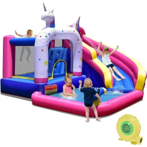 BOUNTECH Inflatable Water Slide Unicorn Kids Water Bounce House Wet & Dry with Blower Curve Slide Jumping Castle Splash Pool & Water Cannon Water Slide Inflatable Kids Gift Present