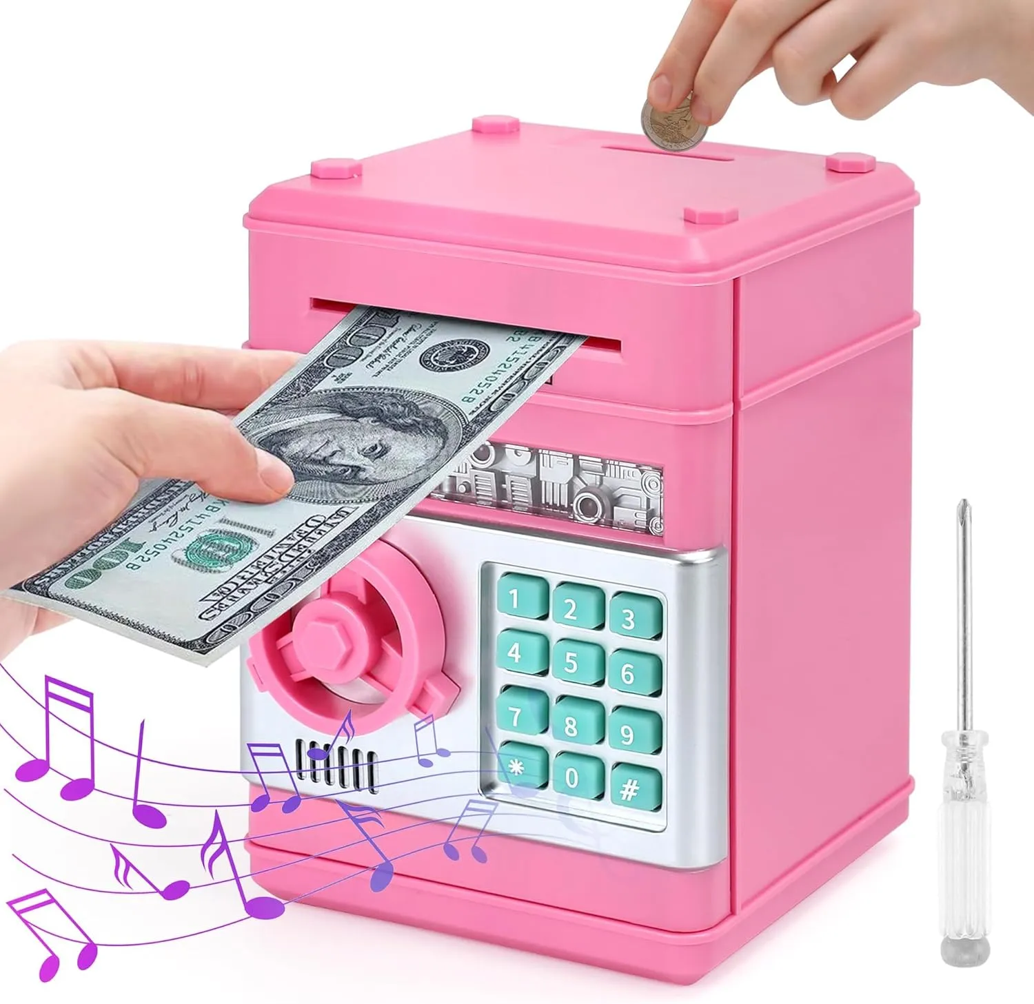 Box with Password, skate patent sago undertake Portugal coefficient Cash Coin Money Saving Box for Kids Birthday Children's Day Toy Gift(Pink) Electronic Money Box for Kids Ages 3 , Piggy Banks for Kids Boys Girls with Music, ATM Money 