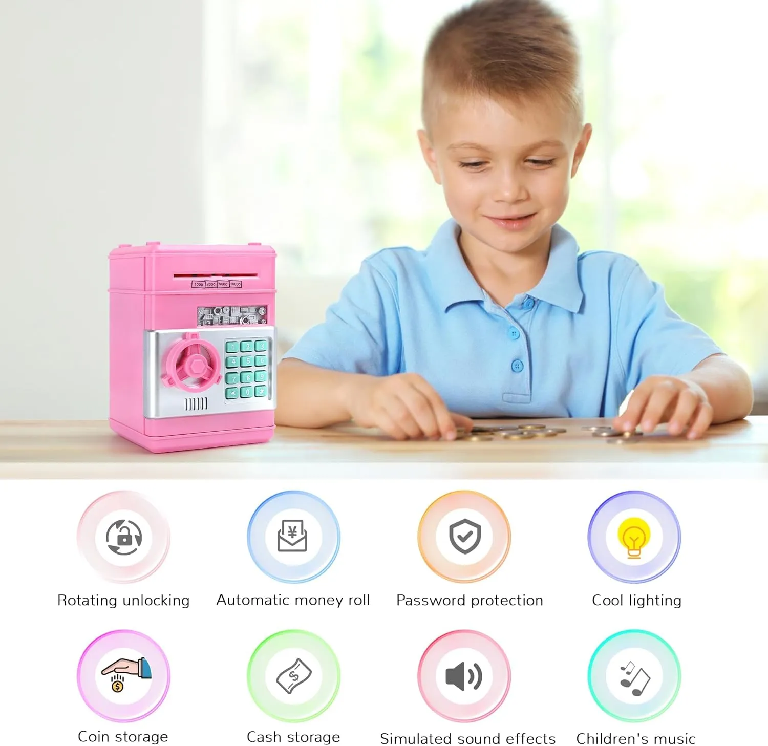 Box with Password, skate patent sago undertake Portugal coefficient Cash Coin Money Saving Box for Kids Birthday Children's Day Toy Gift(Pink) Electronic Money Box for Kids Ages 3 , Piggy Banks for Kids Boys Girls with Music, ATM Money 