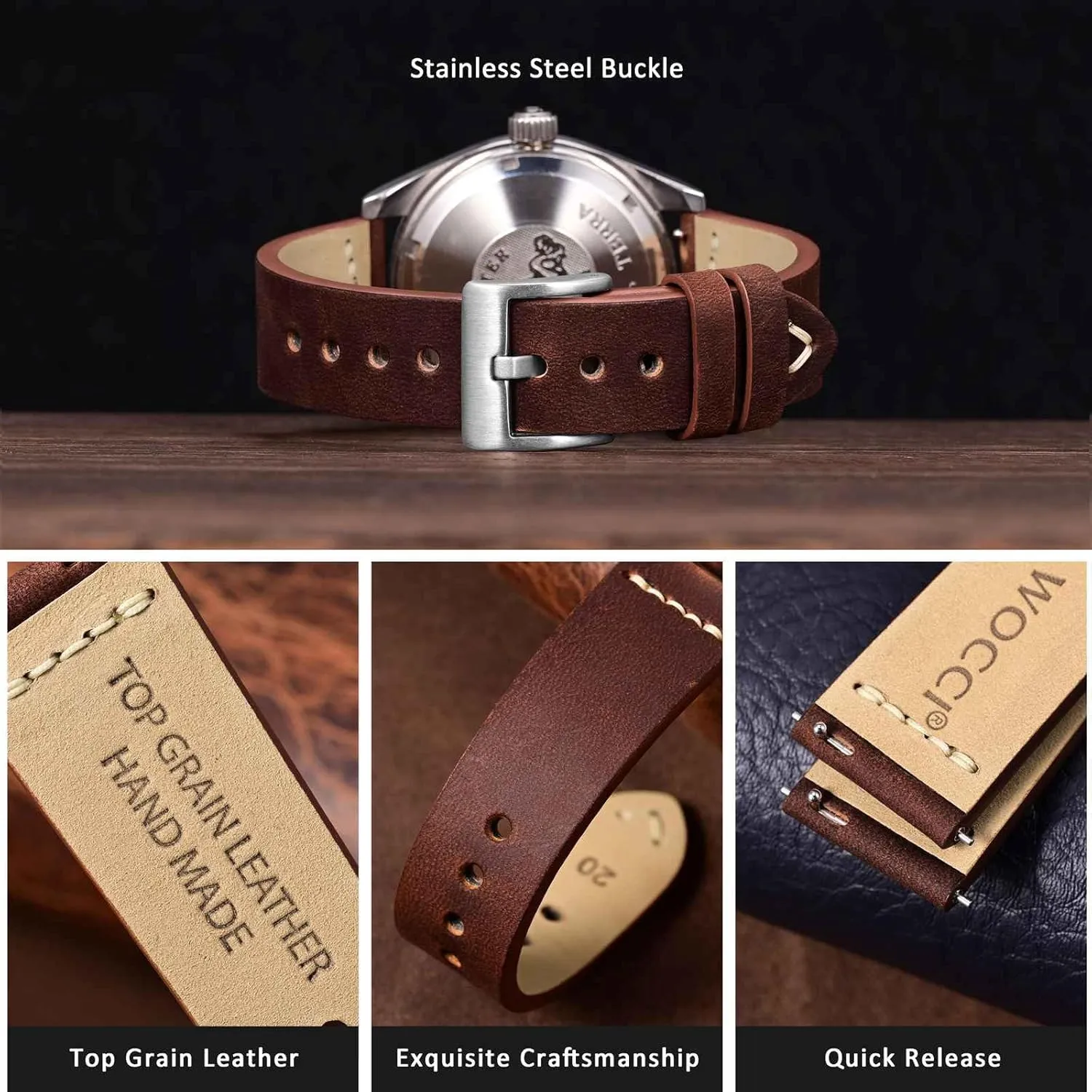 Brushed Buckle (Pecan Brown) WOCCI 22mm Old-fashioned Watch Band arsenal personnel presentation for Men$ Top Grain Leather$ Silver 