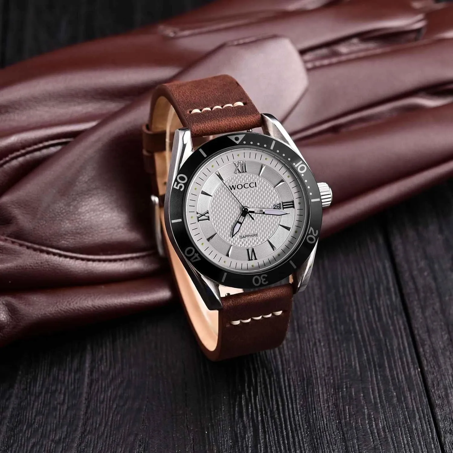 Brushed Buckle (Pecan Brown) WOCCI 22mm Old-fashioned Watch Band arsenal personnel presentation for Men$ Top Grain Leather$ Silver 