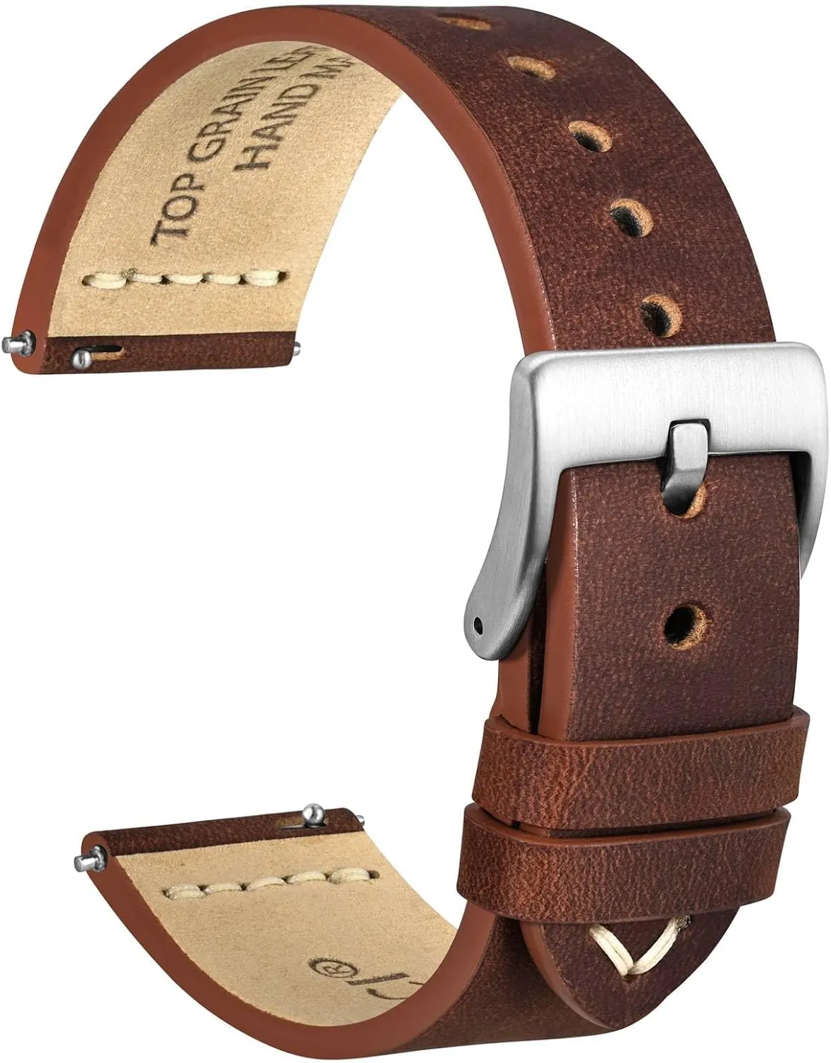 Brushed Buckle (Pecan Brown) WOCCI 22mm Old-fashioned Watch Band arsenal personnel presentation for Men$ Top Grain Leather$ Silver 
