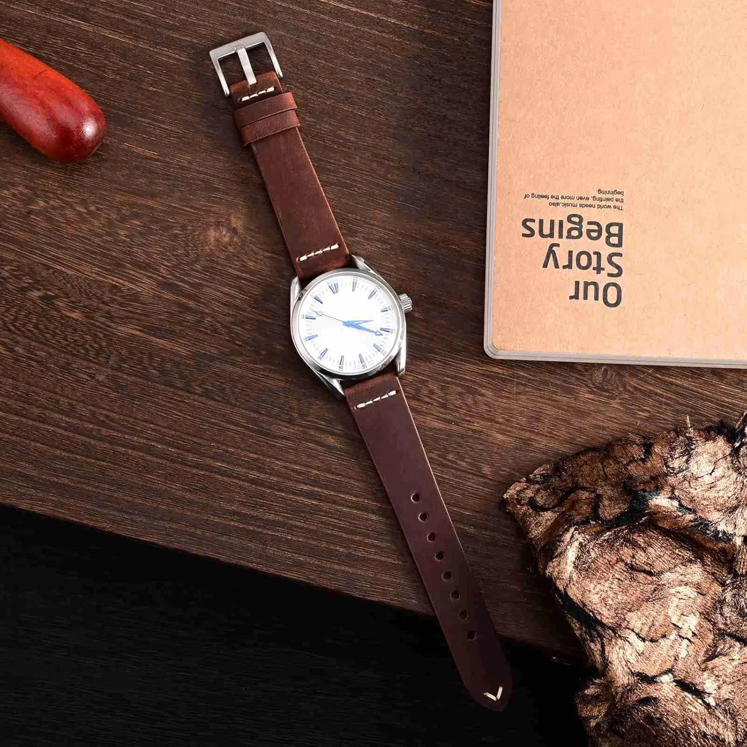 Brushed Buckle (Pecan Brown) WOCCI 22mm Old-fashioned Watch Band arsenal personnel presentation for Men$ Top Grain Leather$ Silver 