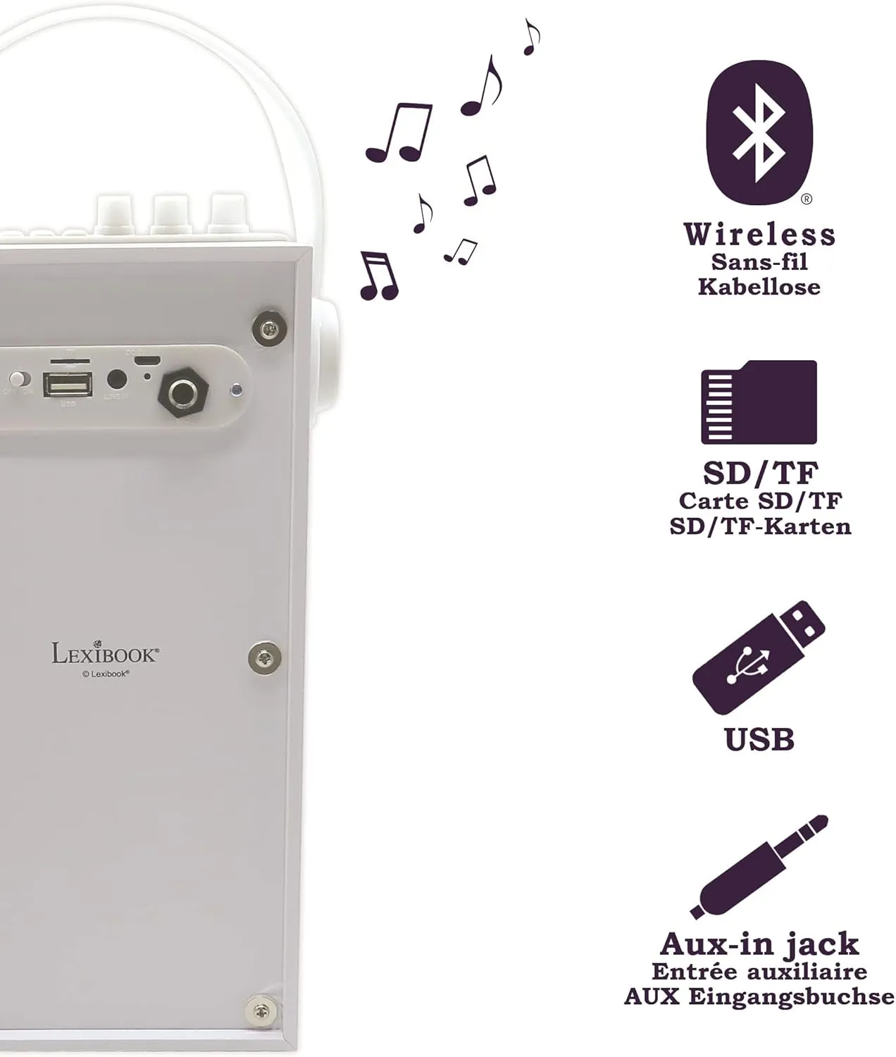 BTP180Z iParty-Portable Bluetooth Speaker with Microphone$ Light Effects$ Karaoke$ Wireless$ USB$ SD Card$ Rechargeable Battery$ White seaboard LEXIBOOK 