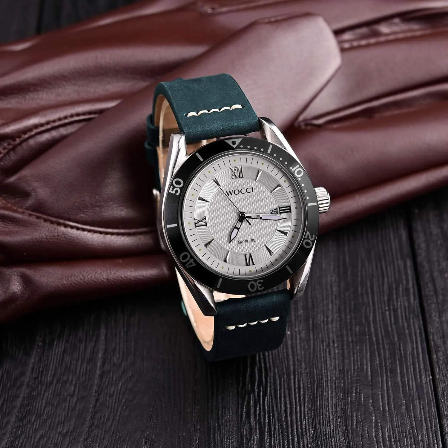 Buckle (Retro Blue) WOCCI 22mm Old-fashioned Watch Band for Men$ Top Grain Leather$ Black primary initiate Matte 