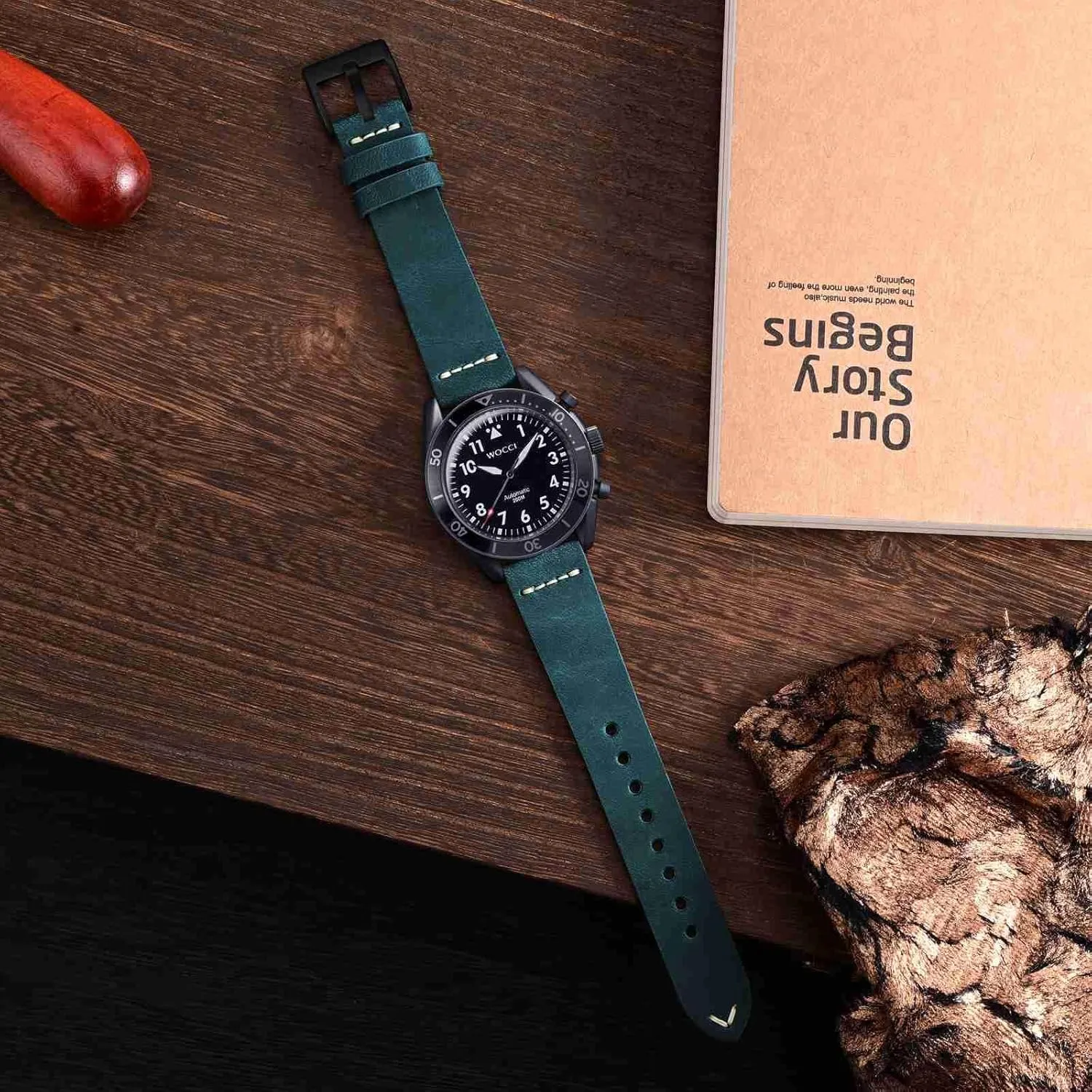 Buckle (Retro Blue) WOCCI 22mm Old-fashioned Watch Band for Men$ Top Grain Leather$ Black primary initiate Matte 