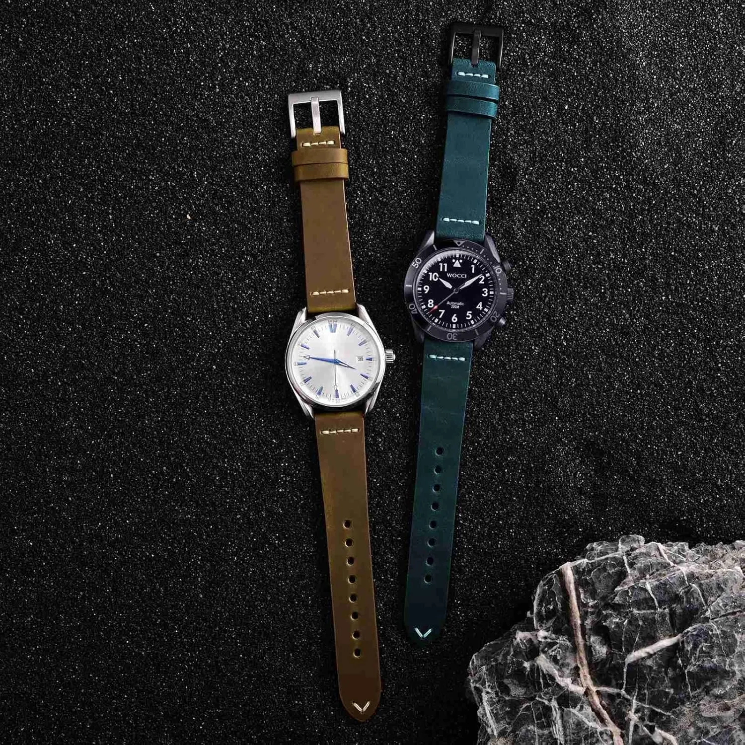 Buckle (Retro Blue) WOCCI 22mm Old-fashioned Watch Band for Men$ Top Grain Leather$ Black primary initiate Matte 
