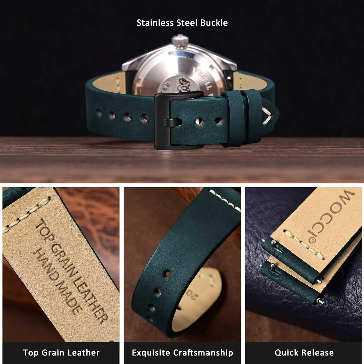 Buckle (Retro Blue) WOCCI 22mm Old-fashioned Watch Band for Men$ Top Grain Leather$ Black primary initiate Matte 