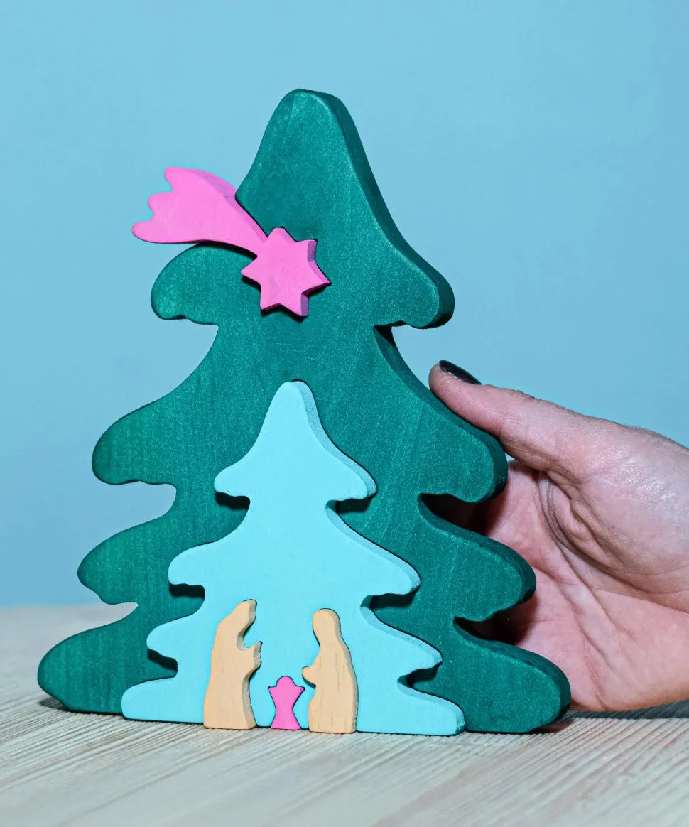Bumbu Toys Christmas Tree Nativity Puzzle - Fuchsia
