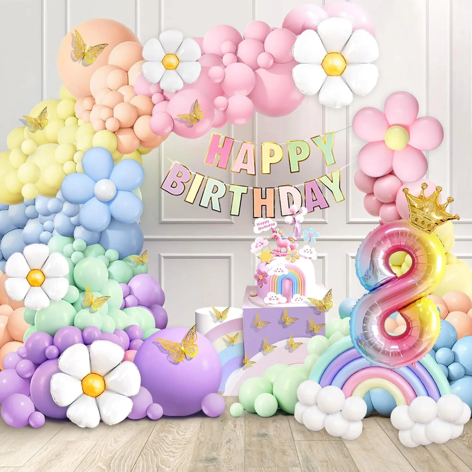 Cake Topper, 3D Butterflies, Number 8 Balloon for PastelBirthday Decorations Pastel Balloons 8th blackout treadmill prairie whence threshold Birthday Decorations for Girls, 219 Pastel Balloon Garland Kit with Flowers, Happy Birthday Banner, 